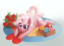 Size: 1847x1327 | Tagged: safe, artist:marycitrus, oc, oc only, oc:marshmallow fluff, pony, unicorn, bouquet, female, flower, freckles, mare, rose, solo