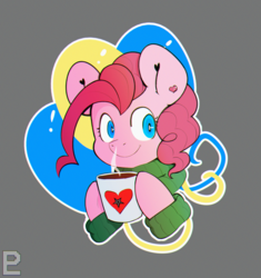 Size: 2148x2285 | Tagged: safe, artist:pixeloosh, pinkie pie, earth pony, pony, g4, balloon, clothes, coffee, coffee mug, cutie mark background, ear piercing, exclamation point, female, heart, high res, mug, piercing, smiling, solo, sweater