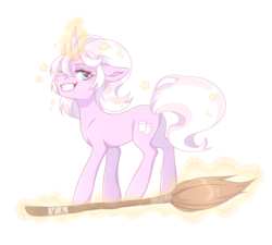 Size: 1500x1350 | Tagged: safe, artist:chopa, oc, oc only, oc:marshmallow fluff, pony, unicorn, broom, flying, flying broomstick, magic, solo