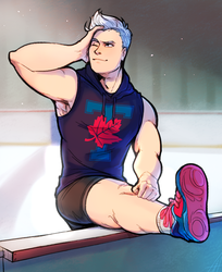 Size: 1175x1443 | Tagged: safe, artist:maccoffee, oc, oc only, oc:silver spark, human, armpits, athlete, beefcake, buff, clothes, human male, humanized, humanized oc, ice rink, male, muscles, shoes, shorts, sleeveless, sneakers, solo, stretching