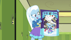 Size: 1920x1080 | Tagged: safe, screencap, trixie, equestria girls, equestria girls series, forgotten friendship, g4, clothes, cutie mark on clothes, devil horn (gesture), dress, female, jacket, jewelry, magic, necklace, playing card, poster, skirt, solo, written equestrian