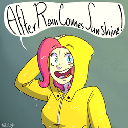 Size: 1000x1000 | Tagged: safe, artist:tralalayla, pinkie pie, human, g4, cute, dialogue, diapinkes, female, humanized, open mouth, positive message, raincoat, solo, wet