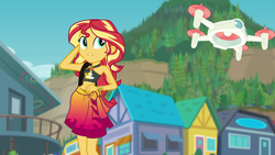 Size: 1920x1080 | Tagged: safe, screencap, sunset shimmer, equestria girls, equestria girls series, forgotten friendship, g4, clothes, drone, midriff, sarong, selfie drone, skirt