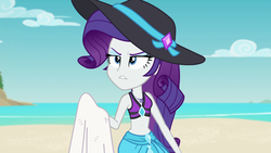 Size: 1920x1080 | Tagged: safe, screencap, rarity, equestria girls, equestria girls specials, g4, my little pony equestria girls: better together, my little pony equestria girls: forgotten friendship, belly button, bikini, bikini top, clothes, female, geode of shielding, hat, magical geodes, midriff, rarity is not amused, rarity's blue sarong, rarity's purple bikini, sarong, solo, sun hat, swimsuit, towel, unamused