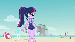 Size: 1920x1080 | Tagged: safe, screencap, micro chips, paisley, sandalwood, sci-twi, starlight, twilight sparkle, valhallen, equestria girls, equestria girls specials, g4, my little pony equestria girls: better together, my little pony equestria girls: forgotten friendship, clothes, geode of telekinesis, magical geodes, ponytail, smiling, swimsuit