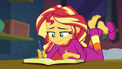 Size: 1920x1080 | Tagged: safe, screencap, sunset shimmer, equestria girls, equestria girls series, forgotten friendship, g4, barefoot, bed, book, cute, feet, female, shimmerbetes, solo