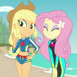 Size: 930x930 | Tagged: safe, screencap, applejack, fluttershy, equestria girls, equestria girls specials, g4, my little pony equestria girls: better together, my little pony equestria girls: forgotten friendship, adorasexy, belly button, clothes, cropped, cute, duo, eyes closed, female, geode of fauna, geode of super strength, magical geodes, pose, sexy, shyabetes, smiling, swimsuit, wetsuit