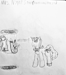 Size: 1147x1301 | Tagged: safe, artist:takengrin endmmar, derpibooru exclusive, oc, oc:miss night star, pony, unicorn, endless loop, portal, revised