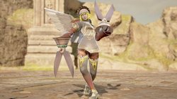 Size: 1200x675 | Tagged: safe, artist:alphamonouryuuken, derpy hooves, human, g4, 3d, clothes, corrupted, female, gauntlet, humanized, pony coloring, pose, shoes, solo, soul calibur, soul calibur vi, video game, weapon, winged humanization, wings