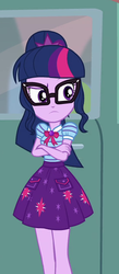 Size: 302x693 | Tagged: safe, screencap, sci-twi, twilight sparkle, equestria girls, equestria girls specials, g4, my little pony equestria girls: better together, my little pony equestria girls: forgotten friendship, clothes, cropped, crossed arms, female, geode of telekinesis, glasses, magical geodes, ponytail, skirt