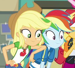 Size: 774x701 | Tagged: safe, screencap, applejack, rainbow dash, sunset shimmer, equestria girls, equestria girls specials, g4, my little pony equestria girls: better together, my little pony equestria girls: forgotten friendship, applejack's hat, clothes, cowboy hat, female, geode of super speed, geode of super strength, hat, hoodie, magical geodes, smiling