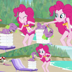 Size: 2048x2048 | Tagged: safe, screencap, pinkie pie, spike, spike the regular dog, dog, equestria girls, equestria girls series, forgotten friendship, g4, beach, clothes, geode of sugar bombs, high res, magical geodes, petting, pinkie pie swimsuit, spike you lucky bastard, swimsuit