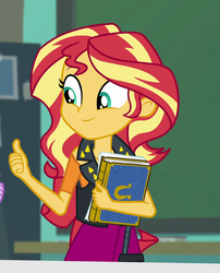 Size: 872x1080 | Tagged: safe, screencap, sunset shimmer, equestria girls, equestria girls specials, g4, my little pony equestria girls: better together, my little pony equestria girls: forgotten friendship, book, clothes, cropped, female, jacket, skirt, smiling, solo, thumbs up, yearbook