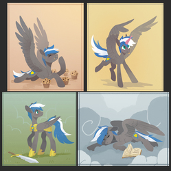 Size: 3000x3007 | Tagged: safe, artist:koviry, oc, oc only, oc:cloud zapper, pegasus, pony, armor, book, cloud, fake horn, food, high res, hoof shoes, male, muffin, sleeping, solo, sword, weapon