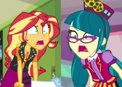 Size: 2366x1676 | Tagged: safe, screencap, juniper montage, sunset shimmer, equestria girls, equestria girls specials, g4, my little pony equestria girls: better together, my little pony equestria girls: forgotten friendship, my little pony equestria girls: mirror magic, angry, comparison, geode of empathy, magical geodes, shrunken pupils, yelling