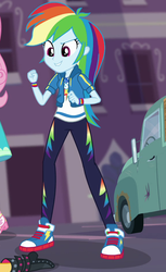 Size: 577x944 | Tagged: safe, screencap, rainbow dash, equestria girls, equestria girls series, forgotten friendship, clothes, converse, cropped, female, geode of super speed, hoodie, magical geodes, pants, shoes, smiling, sneakers