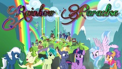 Size: 2048x1152 | Tagged: safe, editor:huntercwalls, night glider, pistachio, plaid stripes, sandbar, silverstream, star tracker, twilight sparkle, alicorn, classical hippogriff, earth pony, hippogriff, pegasus, pony, fanfic:rainbow paradise, g4, my little pony best gift ever, rainbow falls, the best night ever, fanfic, fanfic art, fanfic cover, female, happy, male, mare, slice of life, stallion, twilight sparkle (alicorn)
