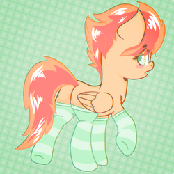Size: 2000x2000 | Tagged: safe, artist:undreamed panic, oc, oc only, oc:panic, pegasus, pony, blushing, butt, clothes, cute, female, green background, green eyes, high res, looking at you, looking back, mare, orange, plot, raised hoof, simple background, socks, solo, striped socks