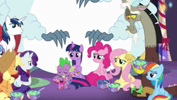 Size: 1920x1080 | Tagged: safe, dhx media, screencap, rarity, spike, dragon, pony, unicorn, winterchilla, winterzilla, g4, my little pony best gift ever, allspark animation, animated, female, guitar, i'm not gifted at gifting, male, musical instrument, playing guitar, ship:sparity, shipping, shipping fuel, singing, song, sound, straight, webm, winged spike, wings