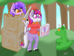 Size: 1000x757 | Tagged: safe, artist:luciusheart, bat pony, dragon, cardboard box, cute, plushie, pretend