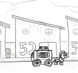Size: 640x600 | Tagged: safe, artist:ficficponyfic, oc, oc only, pony, colt quest, armor, barrels, building, carriage, cyoa, guard, helmet, monochrome, numbers, pony pulls the wagon, sidewalk, solo, story included, street, warehouse, wheel