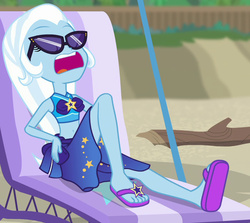 Size: 710x633 | Tagged: safe, screencap, trixie, equestria girls, equestria girls specials, g4, my little pony equestria girls: better together, my little pony equestria girls: forgotten friendship, beach, beach chair, belly button, chair, clothes, cropped, feet, female, flip-flops, open mouth, sandals, sarong, solo, sunglasses, swimsuit