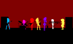Size: 5120x3072 | Tagged: safe, artist:n3onh100, applejack, fluttershy, pinkie pie, rainbow dash, rarity, sci-twi, sunset shimmer, twilight sparkle, equestria girls, g4, my little pony equestria girls: better together, drums, guitar, keyboard, keytar, musical instrument, pendulum, red background, simple background, tambourine, the rainbooms