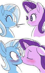Size: 600x965 | Tagged: safe, artist:grissaecrim, starlight glimmer, trixie, pony, unicorn, g4, blushing, comic, cute, diatrixes, duo, female, food, glimmerbetes, kiss on the lips, kissing, lesbian, mare, pocky, pocky game, ship:startrix, shipping, surprise kiss, surprised
