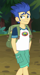 Size: 341x637 | Tagged: safe, screencap, flash sentry, equestria girls, g4, my little pony equestria girls: legend of everfree, awkward smile, backpack, camp everfree outfits, clothes, cropped, hand in pocket, legs, male, shorts, smiling, solo
