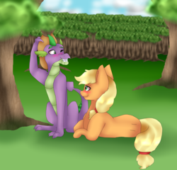 Size: 3616x3472 | Tagged: safe, artist:dreamcloudadopts, applejack, spike, g4, accessory swap, art trade, blushing, cute, female, high res, looking at each other, male, missing cutie mark, older, older spike, one eye closed, prone, ship:applespike, shipping, smiling, straight, tree, wink