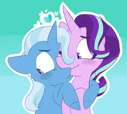 Size: 1202x1080 | Tagged: safe, artist:fflaminlo, starlight glimmer, trixie, pony, unicorn, g4, blushing, cloven hooves, eye clipping through hair, female, floppy ears, gradient background, heart, hug, lesbian, mare, ship:startrix, shipping, smiling, tsundere, tsunderixie
