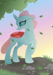 Size: 1024x1448 | Tagged: safe, artist:lavenderrain24, ocellus, changedling, changeling, g4, female, raised hoof, smiling, solo, tree