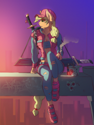 Size: 1500x2000 | Tagged: safe, artist:sverhnovapony, applejack, anthro, g4, chinese food, cigarette, clothes, female, hat, jacket, solo, sword, weapon
