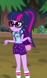 Size: 349x582 | Tagged: safe, screencap, sci-twi, twilight sparkle, equestria girls, g4, my little pony equestria girls: legend of everfree, camp everfree outfits, clothes, cropped, female, glasses, ponytail, shorts, shrug, socks, solo