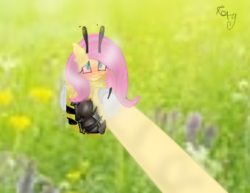 Size: 449x347 | Tagged: safe, artist:roxy, fluttershy, bee, human, g4, adoracreepy, animal costume, bee costume, blushing, clothes, costume, creepy, cute, female, finger, flutterbee, grass, mare, outdoors, queen bee, species swap, stinger, weapons-grade cute, wings
