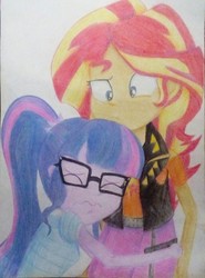 Size: 1424x1920 | Tagged: safe, artist:jeqdor, sci-twi, sunset shimmer, twilight sparkle, equestria girls, g4, my little pony equestria girls: better together, confused, photo, scared, traditional art