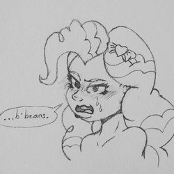 Size: 1305x1305 | Tagged: safe, artist:fuzzyfurvert, pinkie pie, human, equestria girls, g4, bare shoulder portrait, bare shoulders, beans, blushing, bust, dialogue, female, food, hairpin, implied nudity, looking at you, monochrome, portrait, sketch, solo, sweat, traditional art