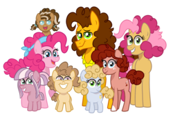 Size: 1024x719 | Tagged: safe, artist:ashidaii, cheese sandwich, pinkie pie, oc, oc:banana pudding, oc:paprika, oc:rocky road, oc:silly string, oc:sourdough, oc:taffy, earth pony, pony, g4, baby, baby pony, colt, female, filly, male, mare, offspring, parent:cheese sandwich, parent:pinkie pie, parents:cheesepie, ship:cheesepie, shipping, simple background, straight, transparent background