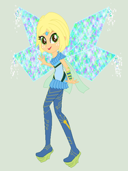 Size: 476x632 | Tagged: safe, artist:lalobatchika, artist:pupkinbases, applejack, fairy, equestria girls, g4, alternate hairstyle, barely eqg related, base used, bloomix, clothes, crossover, fairy wings, female, hairstyle, high heels, rainbow s.r.l, shoes, short hair, solo, tecna, winged humanization, wings, winx, winx club, winxified