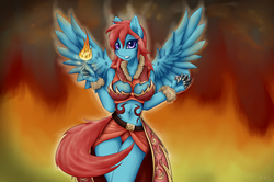 Size: 1630x1080 | Tagged: safe, artist:shamziwhite, oc, oc only, oc:wind raider, pegasus, anthro, anthro oc, breasts, claws, cleavage, clothes, female, fire, fireball, looking at you, mare, solo, spread wings, standing, wings, ych result