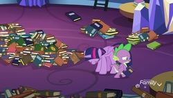 Size: 1920x1080 | Tagged: safe, screencap, spike, twilight sparkle, alicorn, dragon, pony, father knows beast, g4, book, discovery family logo, duo, eyes closed, female, head down, male, mare, sad, twilight sparkle (alicorn), winged spike, wings