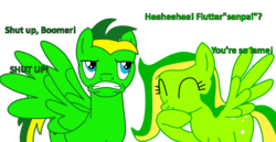 Size: 1024x528 | Tagged: safe, artist:didgereethebrony, oc, oc only, oc:boomerang beauty, oc:didgeree, pegasus, pony, angry, annoyed, boomeree, cute, eyes closed, female, frown, gritted teeth, hoof over mouth, implied shipping, lame, male, mare, needs more saturation, senpai, simple background, smiling, spread wings, stallion, text, transparent background, unamused, wings