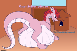 Size: 2400x1600 | Tagged: safe, artist:rubiont, oc, oc only, oc:fidget tail, dracony, dragon, hybrid, pony, barely pony related, belly, butt, dialogue, fetish, movie, plot, size difference, stuffed, stuffed belly, ticket booth, vore, willing vore
