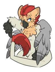 Size: 2550x3300 | Tagged: safe, artist:bbsartboutique, oc, oc:manfred pferdefeder, oc:red, hippogriff, hybrid, armpits, beak, biologically justified underarm fluff, chest fluff, high res, leonine tail, neck feathers, talons, thumbs down