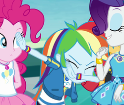 Size: 884x750 | Tagged: safe, screencap, pinkie pie, rainbow dash, rarity, sunset shimmer, equestria girls, equestria girls specials, g4, my little pony equestria girls: better together, my little pony equestria girls: rollercoaster of friendship, bracelet, cropped, dab, female, geode of shielding, geode of sugar bombs, geode of super speed, geode of super strength, jewelry, magical geodes, rainbow dab