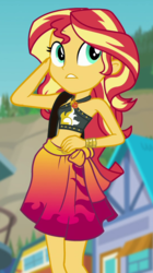 Size: 543x972 | Tagged: safe, screencap, sunset shimmer, equestria girls, equestria girls series, forgotten friendship, g4, clothes, cropped, female, geode of empathy, hips, magical geodes, sarong, sexy, skirt, sleeveless, solo, sunset selfie, swimsuit