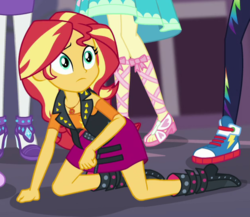 Size: 624x542 | Tagged: safe, screencap, fluttershy, rainbow dash, rarity, sunset shimmer, equestria girls, equestria girls specials, g4, my little pony equestria girls: better together, my little pony equestria girls: forgotten friendship, boots, clothes, converse, cropped, feet, female, geode of empathy, high heels, humans doing horse things, leggings, legs, magical geodes, sandals, shoes