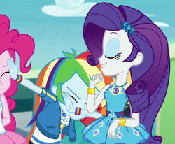 Size: 1085x893 | Tagged: safe, screencap, pinkie pie, rainbow dash, rarity, equestria girls, equestria girls series, g4, rollercoaster of friendship, cropped, dab, female, geode of shielding, geode of super speed, magical geodes, rainbow dab