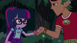 Size: 1280x720 | Tagged: safe, screencap, sci-twi, timber spruce, twilight sparkle, equestria girls, g4, my little pony equestria girls: legend of everfree, camp everfree outfits, cute, female, holding hands, male, ponytail, shipping, smiling, straight, timbertwi, twiabetes