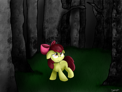 Size: 1024x768 | Tagged: safe, artist:enviaart, apple bloom, earth pony, pony, g4, female, floppy ears, forest, solo, tree